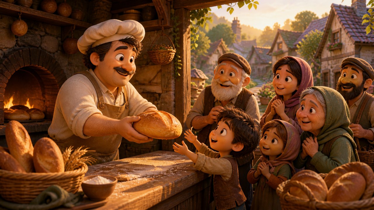 A baker holding his last loaf of bread at his shop door