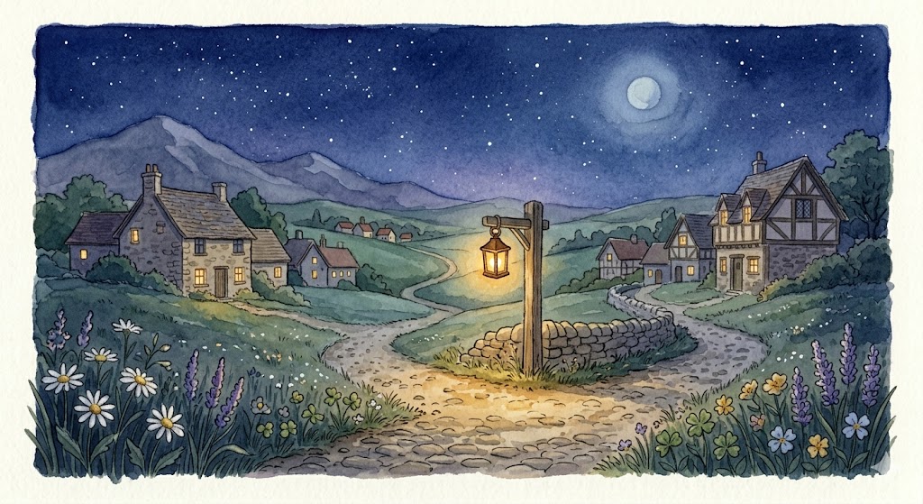 A glowing lantern on a small village path at dusk
