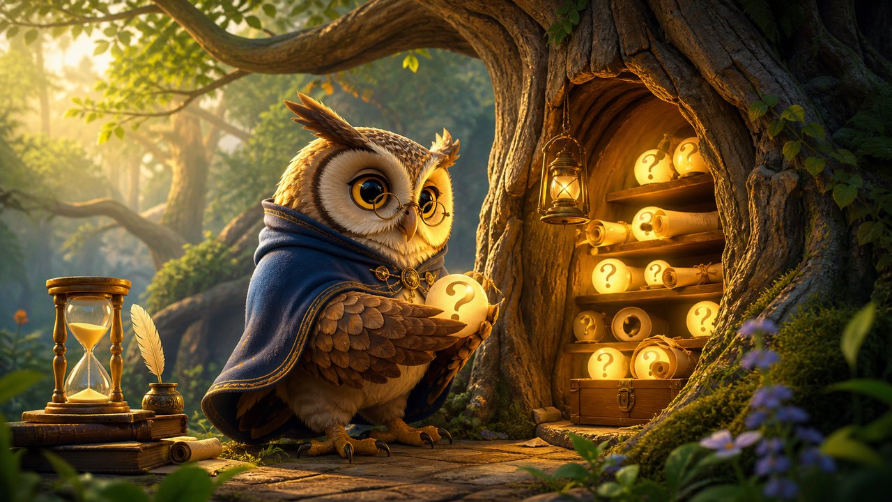An owl perched with a thoughtful expression
