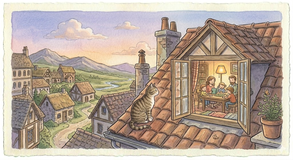 Illustration for The Rooftop Cat and the Open Window